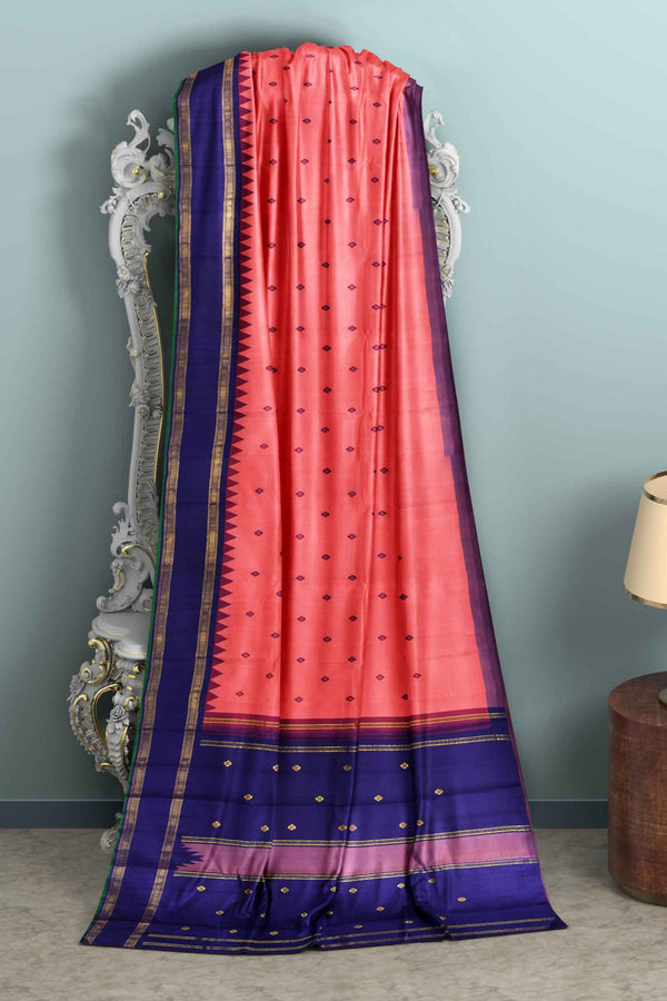 Peach Light Weight Pure Silk Arani Contrast Violet Border Saree