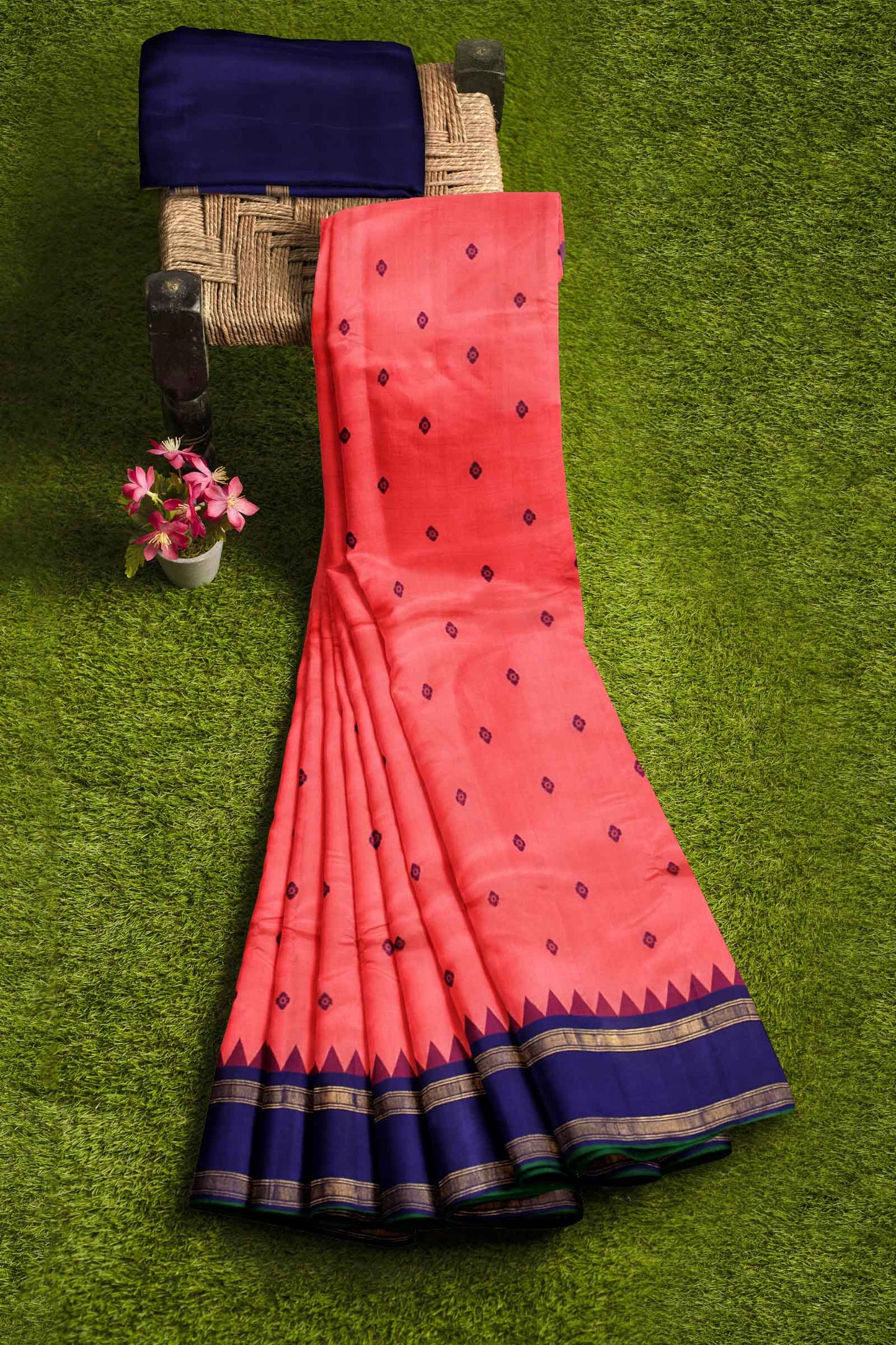 Peach Light Weight Pure Silk Arani Contrast Violet Border Saree