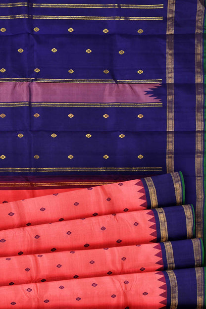 Peach Light Weight Pure Silk Arani Contrast Violet Border Saree