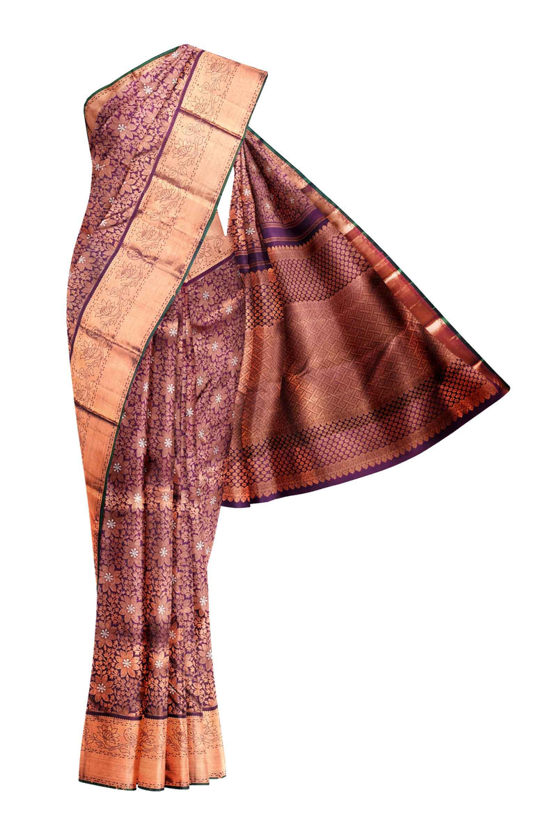 Magenta Purple Kanchipuram Bridal Pure Silk Copper Zari Flower Silver Meena Body Self Pallu Saree