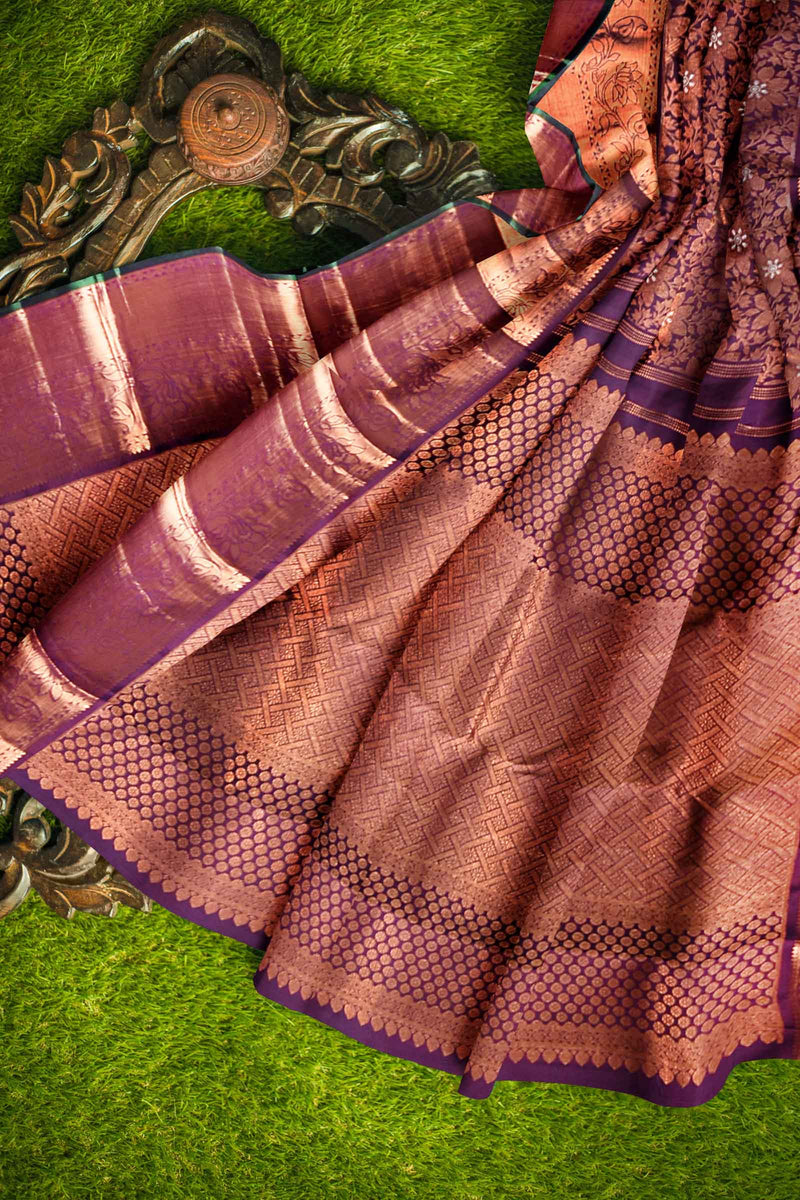 Magenta Purple Kanchipuram Bridal Pure Silk Copper Zari Flower Silver Meena Body Self Pallu Saree