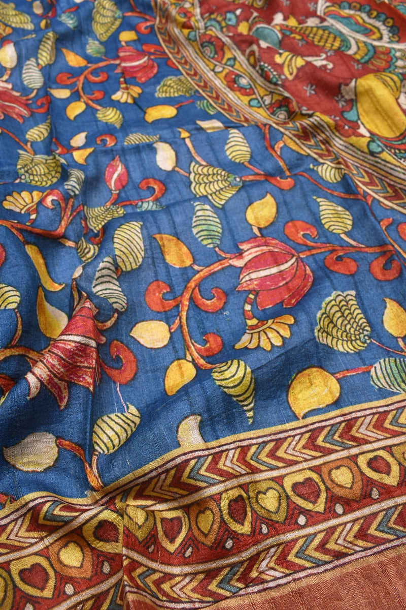 Blue Pure Tussar Kalamkari Print Saree