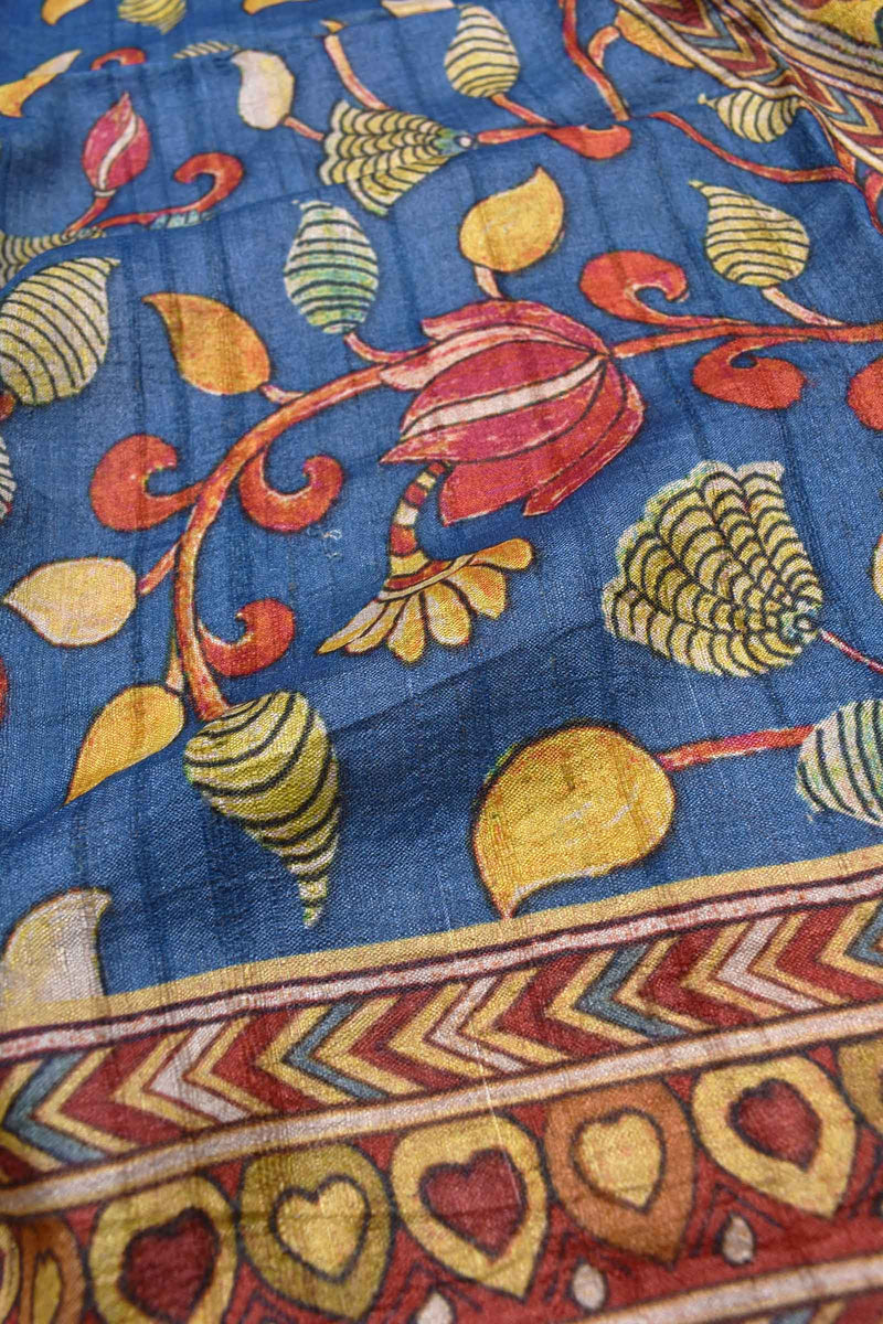 Blue Pure Tussar Kalamkari Print Saree