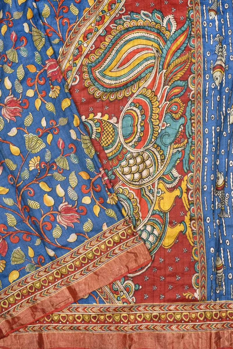 Blue Pure Tussar Kalamkari Print Saree