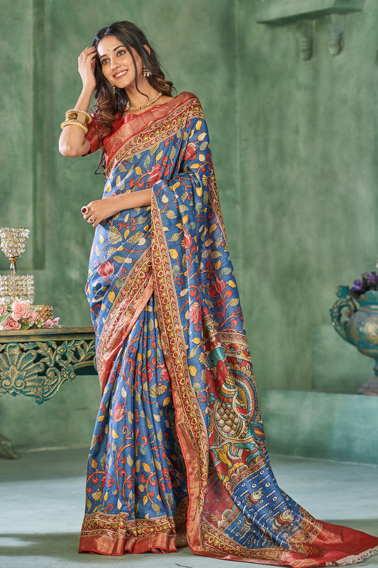 Blue Pure Tussar Kalamkari Print Saree