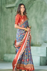 Blue Pure Tussar Kalamkari Print Saree