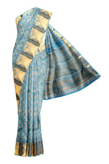 Blue Kanchipuram Bridal Pure Silk All Over Butta Body Mango Border Self Pallu Saree