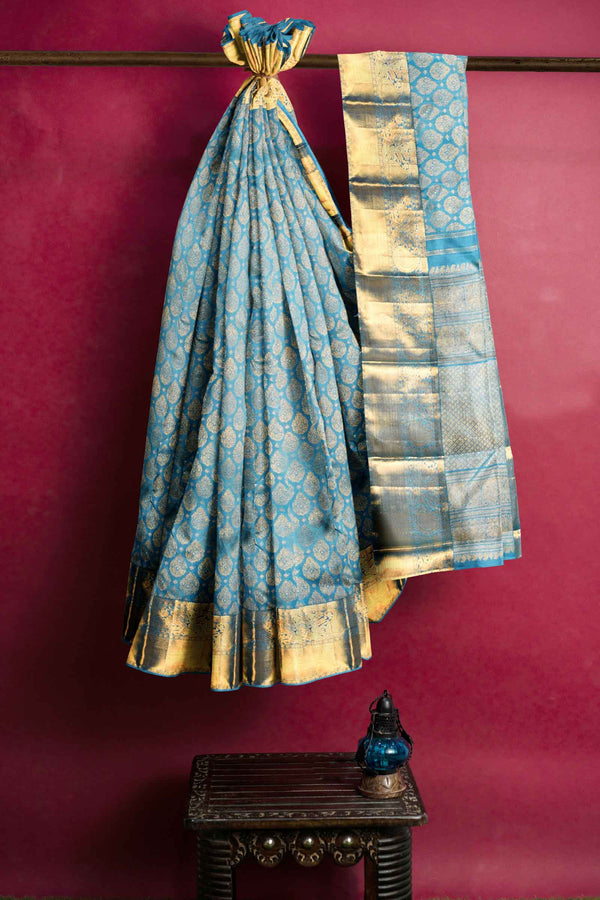 Blue Kanchipuram Bridal Pure Silk All Over Butta Body Mango Border Self Pallu Saree