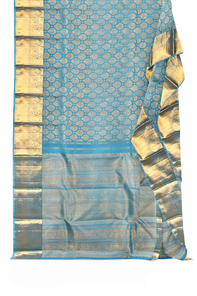 Blue Kanchipuram Bridal Pure Silk All Over Butta Body Mango Border Self Pallu Saree