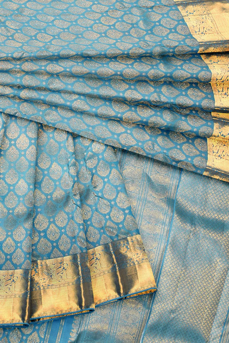 Blue Kanchipuram Bridal Pure Silk All Over Butta Body Mango Border Self Pallu Saree