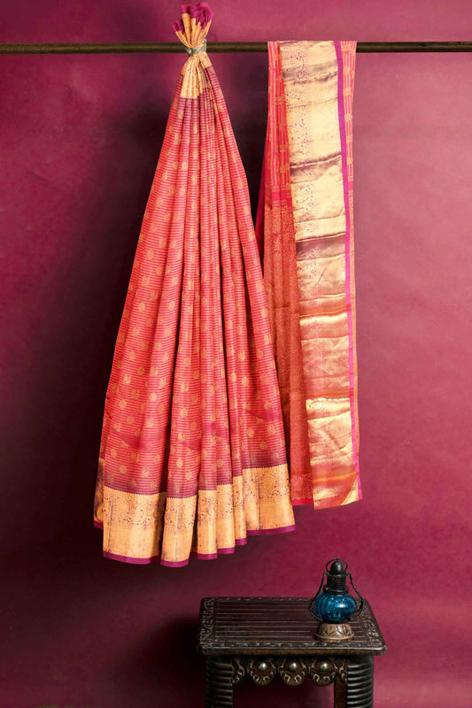 Pink Kanchipuram Bridal Pure Silk Zari Lines Small Peacock Butta Self Pallu Saree