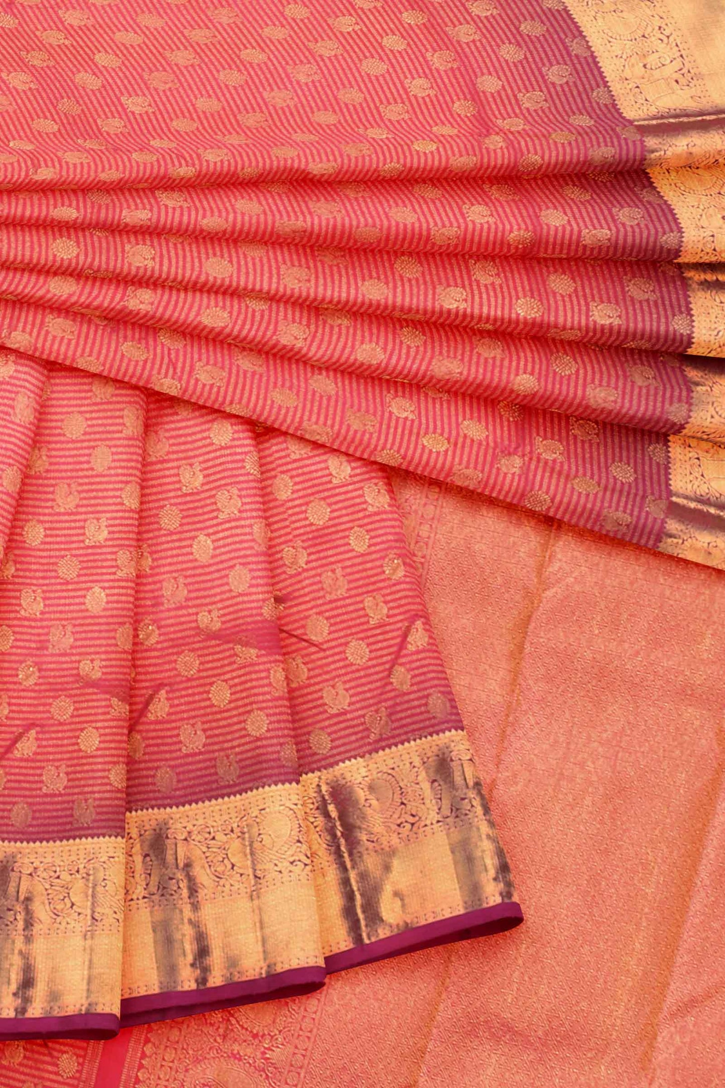 Pink Kanchipuram Bridal Pure Silk Zari Lines Small Peacock Butta Self Pallu Saree