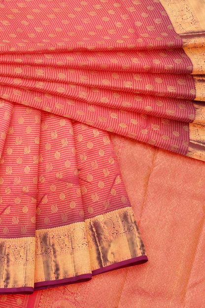 Pink Kanchipuram Bridal Pure Silk Zari Lines Small Peacock Butta Self Pallu Saree