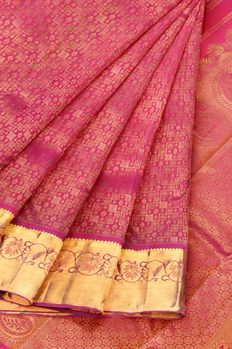 Pink Kanchipuram Bridal Pure Silk Small Checks Butta Self Pallu Saree