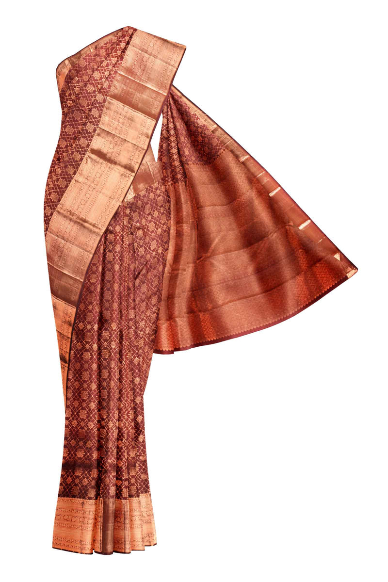 Maroon Kanchipuram Bridal Pure Silk Copper Zari Diamond Checks Body Self Pallu Saree