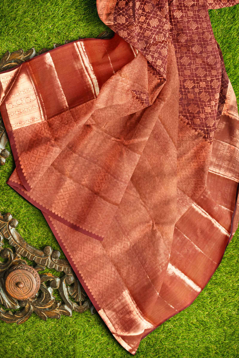 Maroon Kanchipuram Bridal Pure Silk Copper Zari Diamond Checks Body Self Pallu Saree