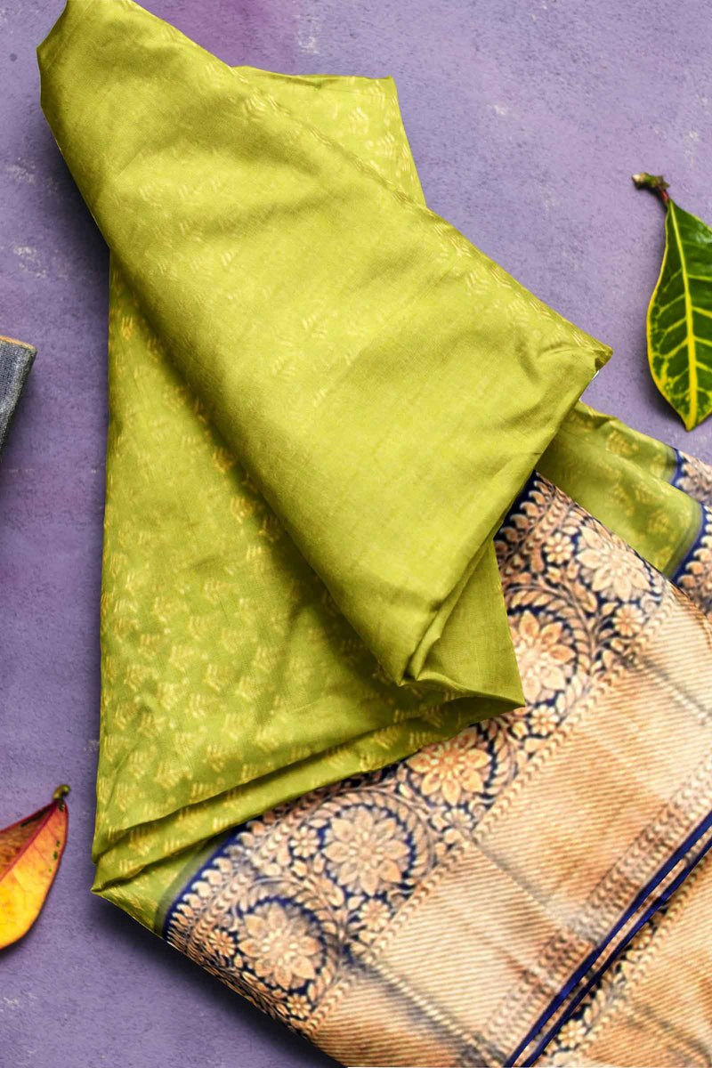 Green Kanchipuram Bridal Pure Silk Small Fern Leaf Butta Body Blue Contrast Pallu Saree