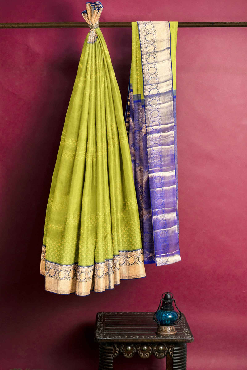 Green Kanchipuram Bridal Pure Silk Small Fern Leaf Butta Body Blue Contrast Pallu Saree