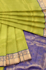 Green Kanchipuram Bridal Pure Silk Small Fern Leaf Butta Body Blue Contrast Pallu Saree