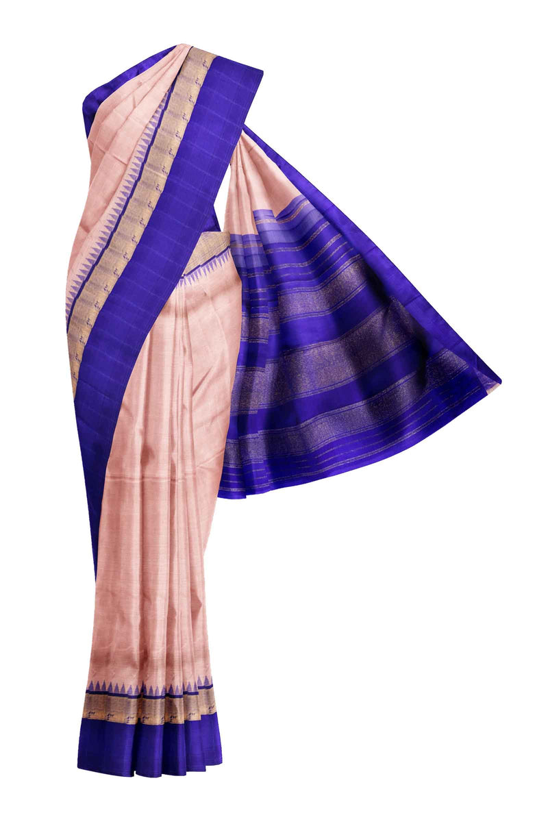 Light Peach Light Weight Pure Silk Arani Contrast Violet Border Saree