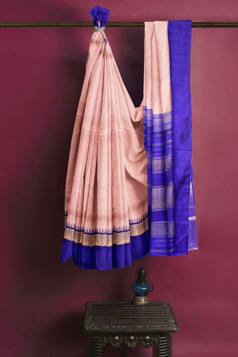 Light Peach Light Weight Pure Silk Arani Contrast Violet Border Saree