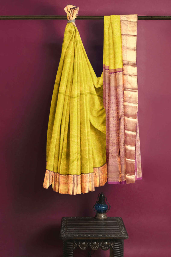 Light Green Kanchipuram Bridal Pure Silk Peacock Checks Body Peacock Border Purple Contrast Pallu Saree