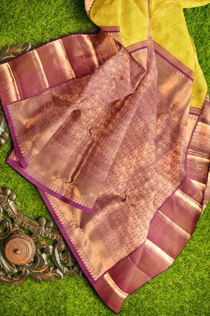 Light Green Kanchipuram Bridal Pure Silk Peacock Checks Body Peacock Border Purple Contrast Pallu Saree