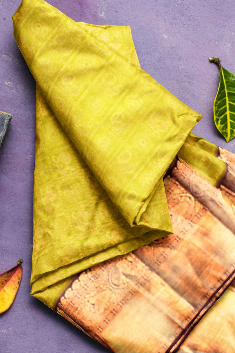 Light Green Kanchipuram Bridal Pure Silk Peacock Checks Body Peacock Border Purple Contrast Pallu Saree