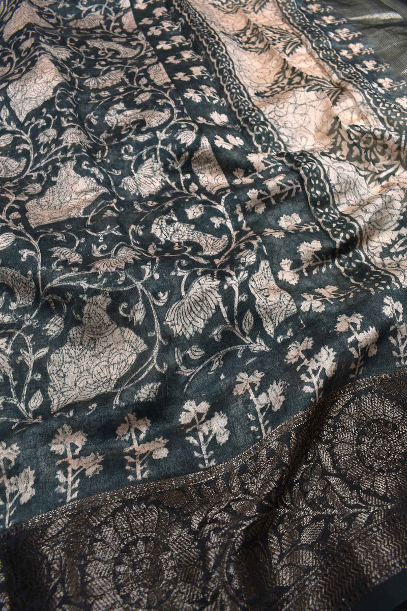 Grey Soft Viscose Digital Peacock Jaal Print Saree