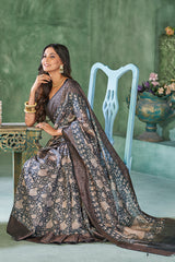 Grey Soft Viscose Digital Peacock Jaal Print Saree