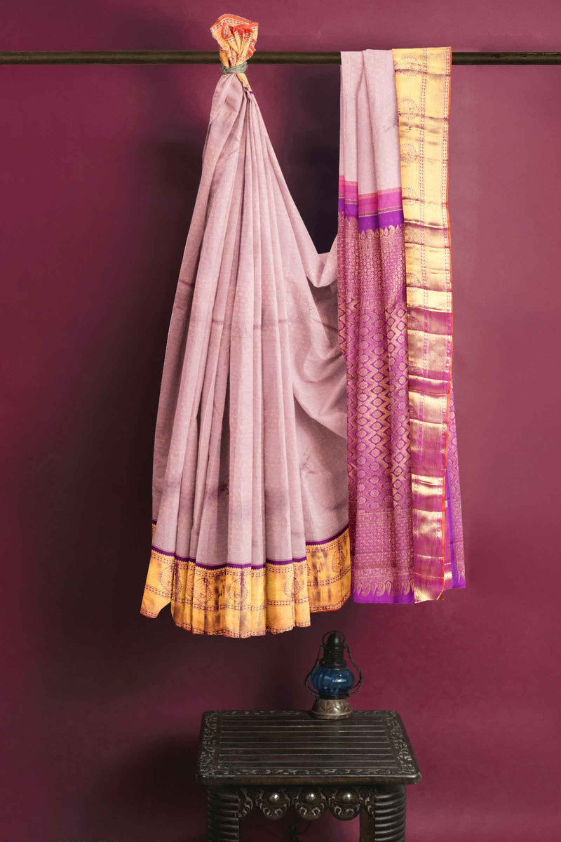 Light Pink Kanchipuram Bridal Pure Silk Small Coin Butta Body Korvai Border Purple Contrast Pallu Saree