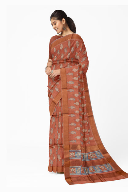 Brown Art Chappa Mango Print Saree