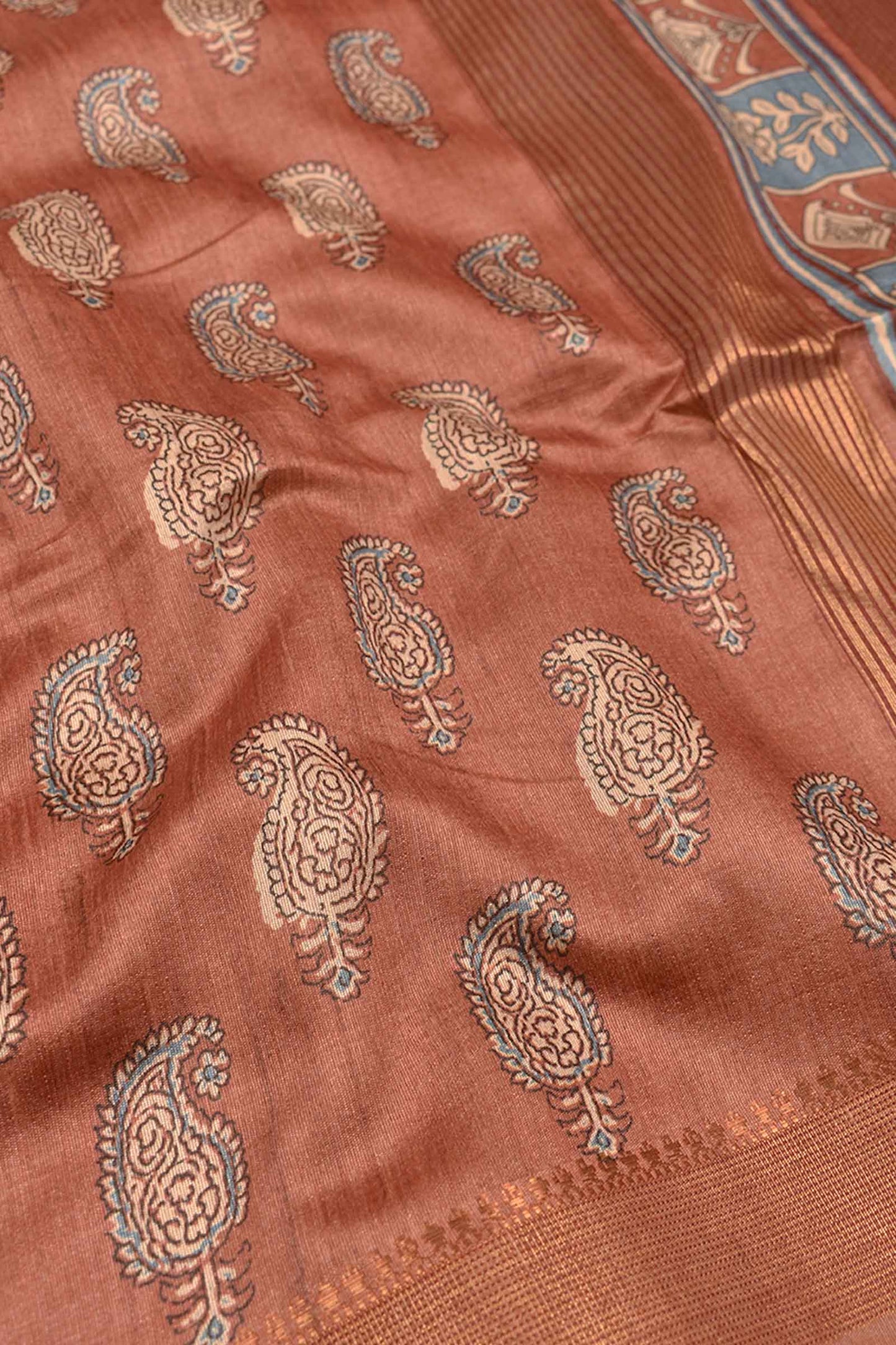 Brown Art Chappa Mango Print Saree