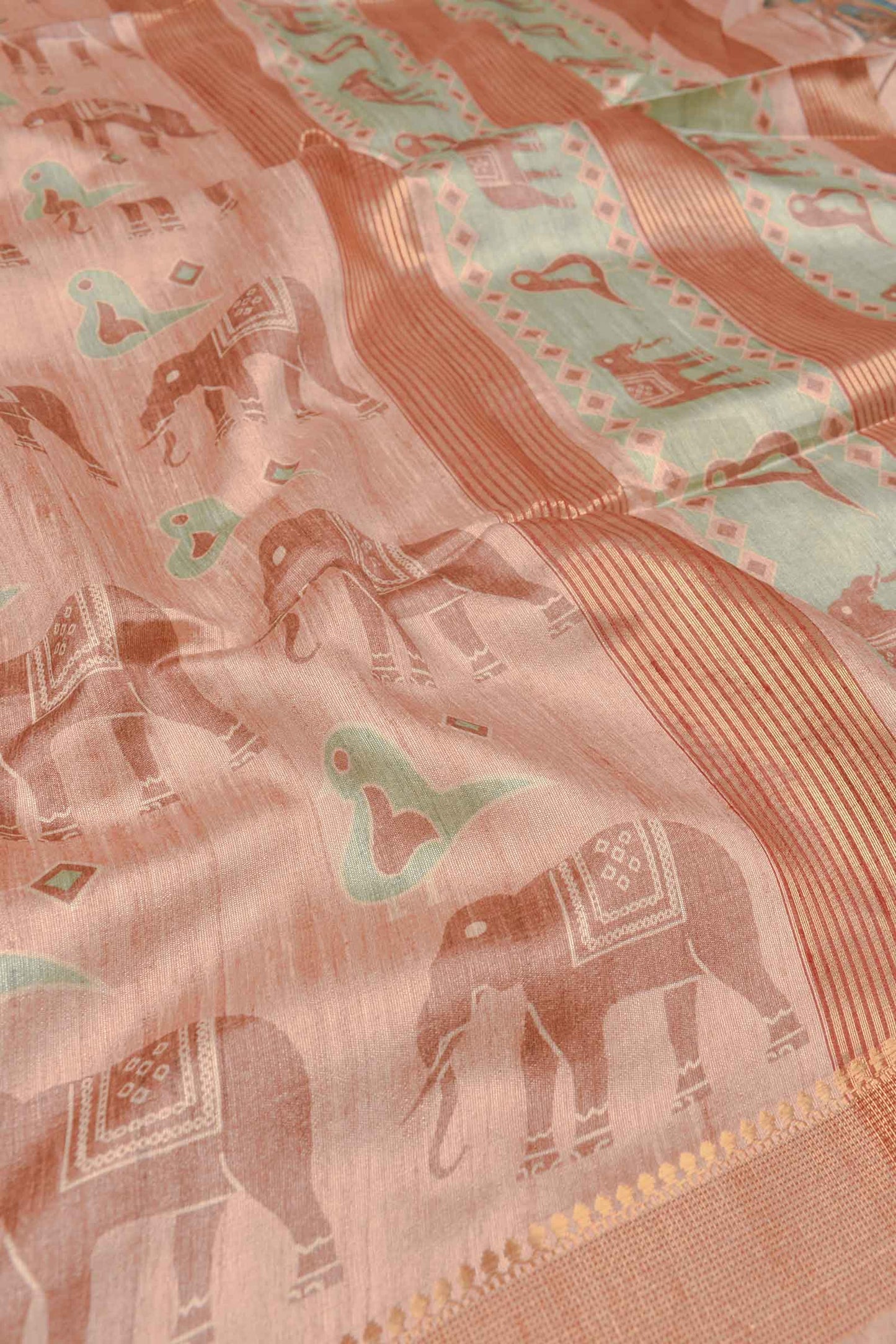 Light Brown Art Chappa Elephant Print Saree