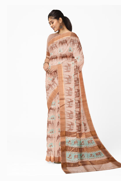 Light Brown Art Chappa Elephant Print Saree