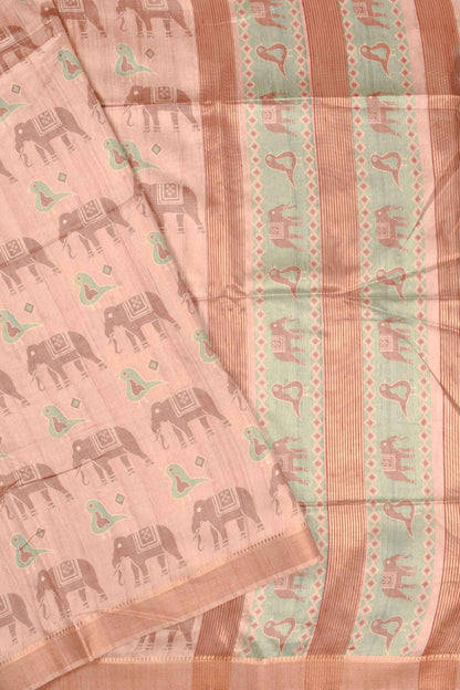 Light Brown Art Chappa Elephant Print Saree