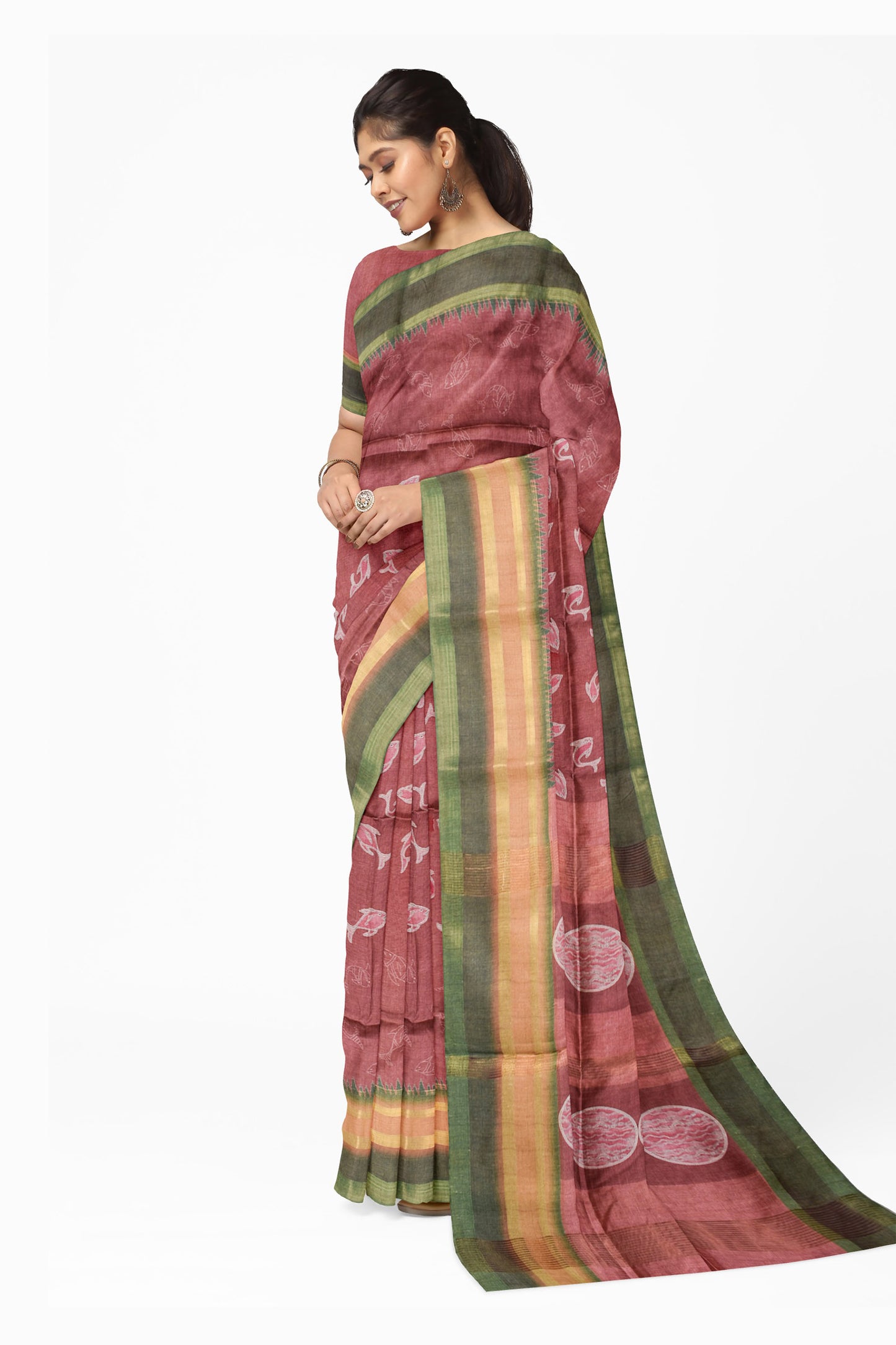 Brown Art Chappa Fish Print Saree