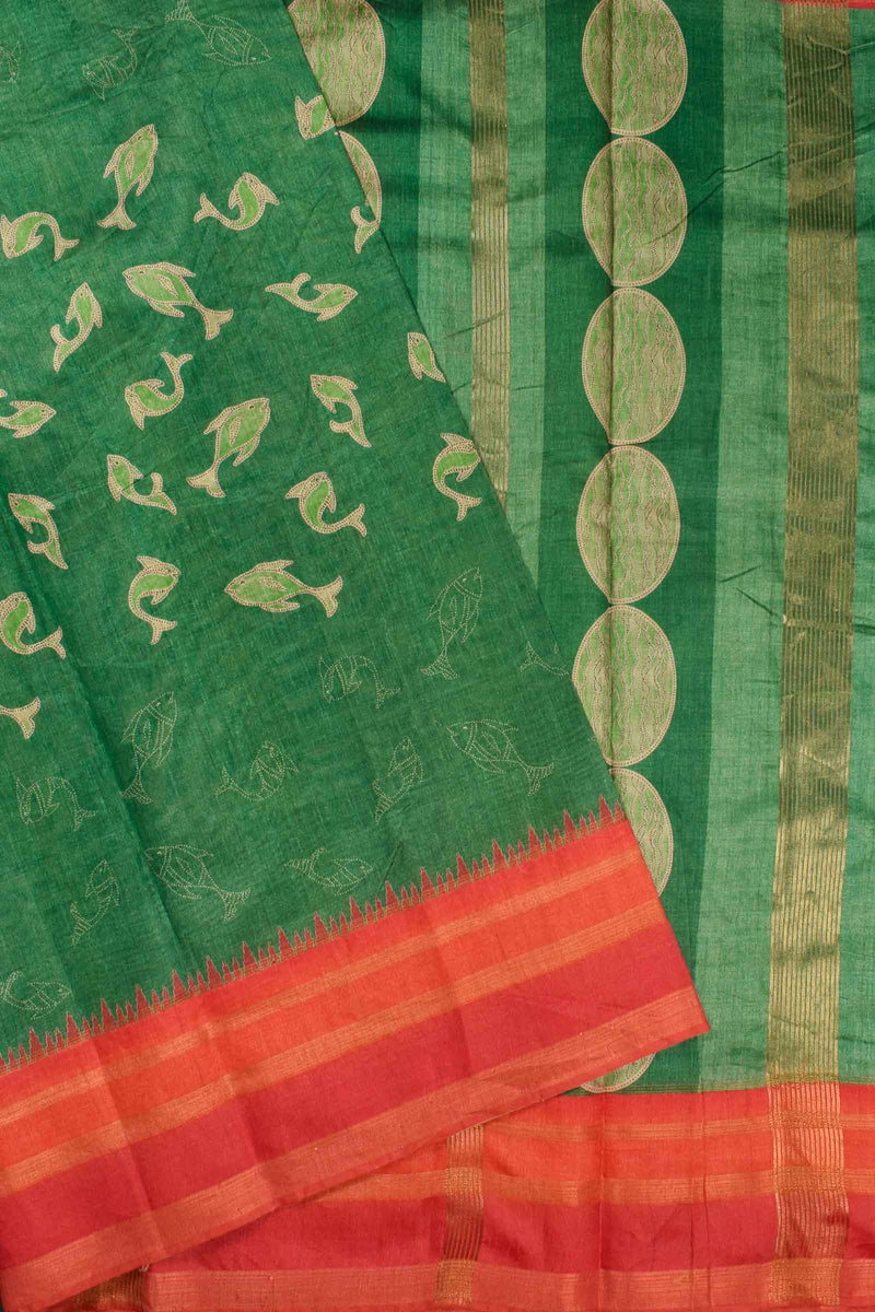 Green Art Chappa Fish Print Saree