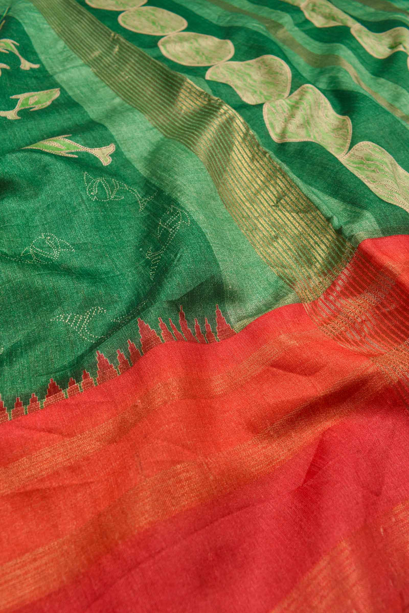 Green Art Chappa Fish Print Saree