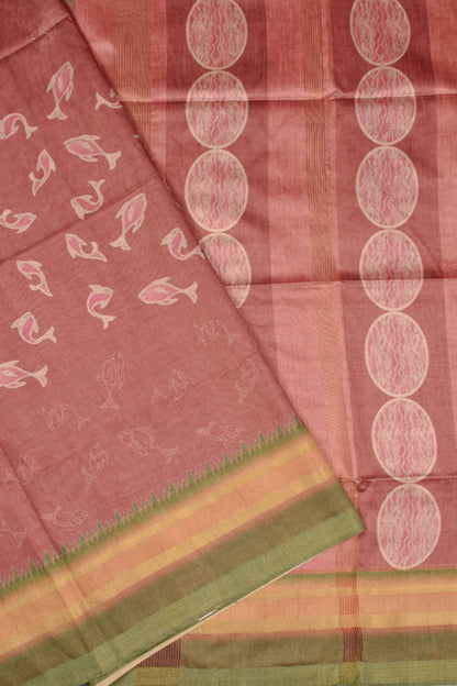 Brown Art Chappa Fish Print Saree