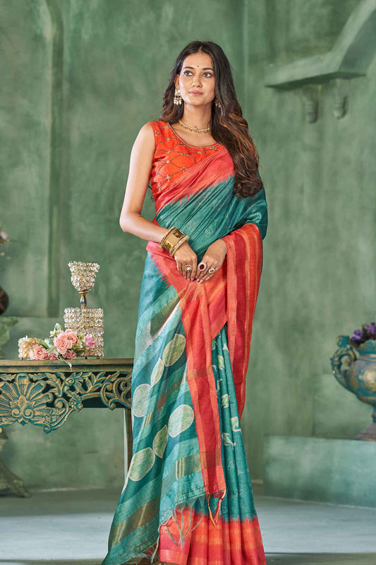 Green Art Chappa Fish Print Saree