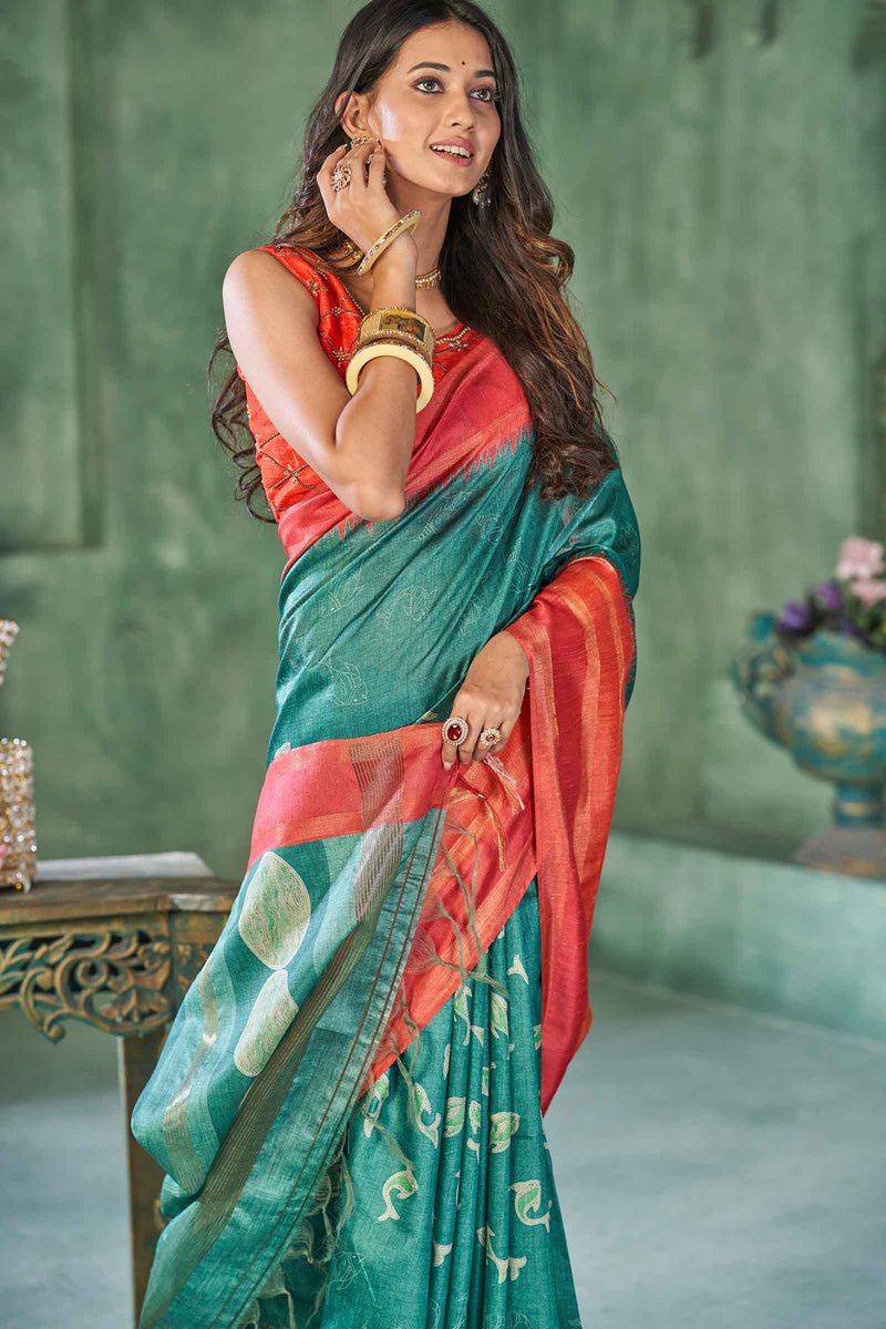 Green Art Chappa Fish Print Saree