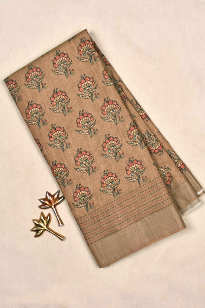 Brown Semi Tussar Flower Print Thread Weaved Border Saree