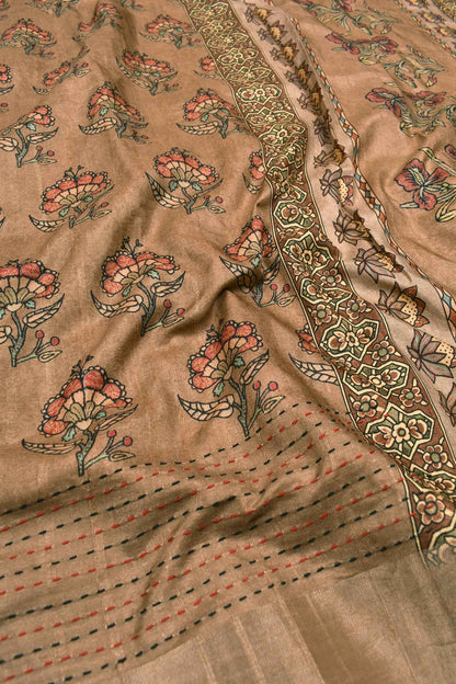 Brown Semi Tussar Flower Print Thread Weaved Border Saree