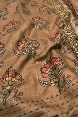 Brown Semi Tussar Flower Print Thread Weaved Border Saree