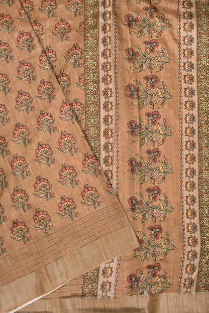 Brown Semi Tussar Flower Print Thread Weaved Border Saree