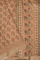 Brown Semi Tussar Flower Print Thread Weaved Border Saree