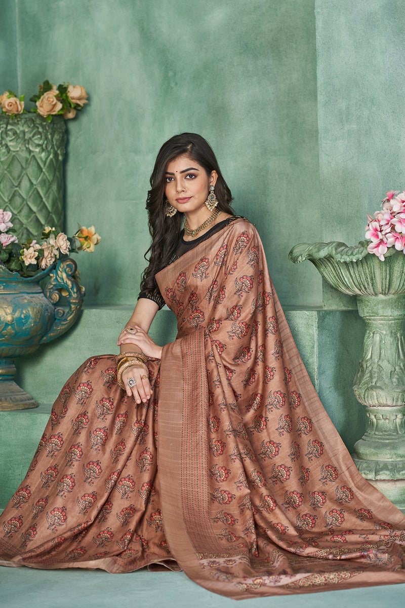 Brown Semi Tussar Flower Print Thread Weaved Border Saree