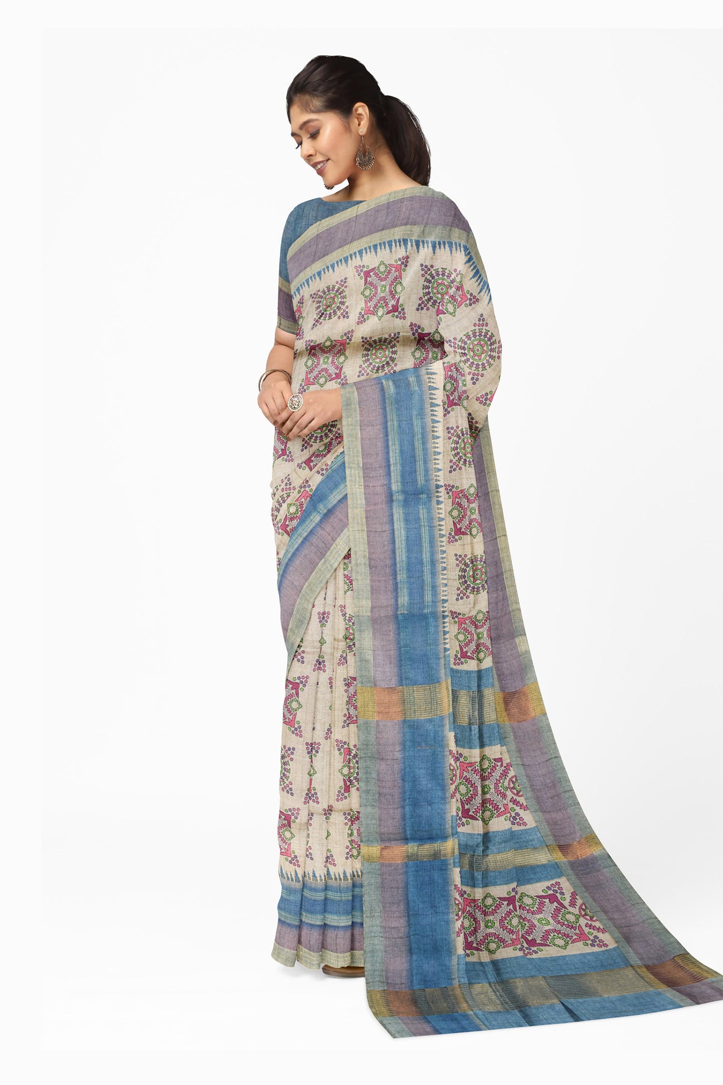 Sandal Blue Contrast Art Chappa Kelidescope Design Print Saree