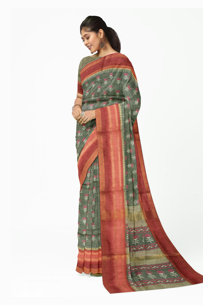 Green Pink Contrast Art Chappa Flower Print Saree